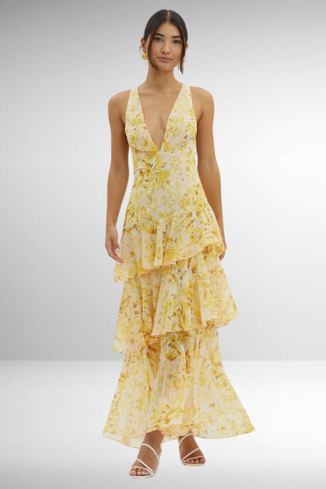 Maria | Abito lungo elegante da donna con motivo floreale e design a balze