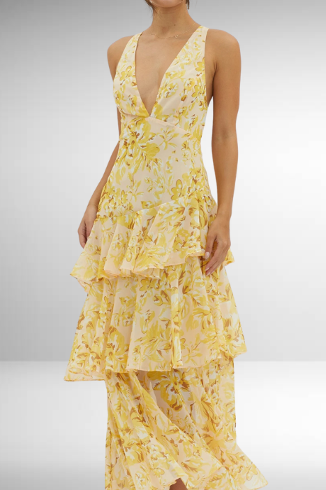 Maria | Abito lungo elegante da donna con motivo floreale e design a balze