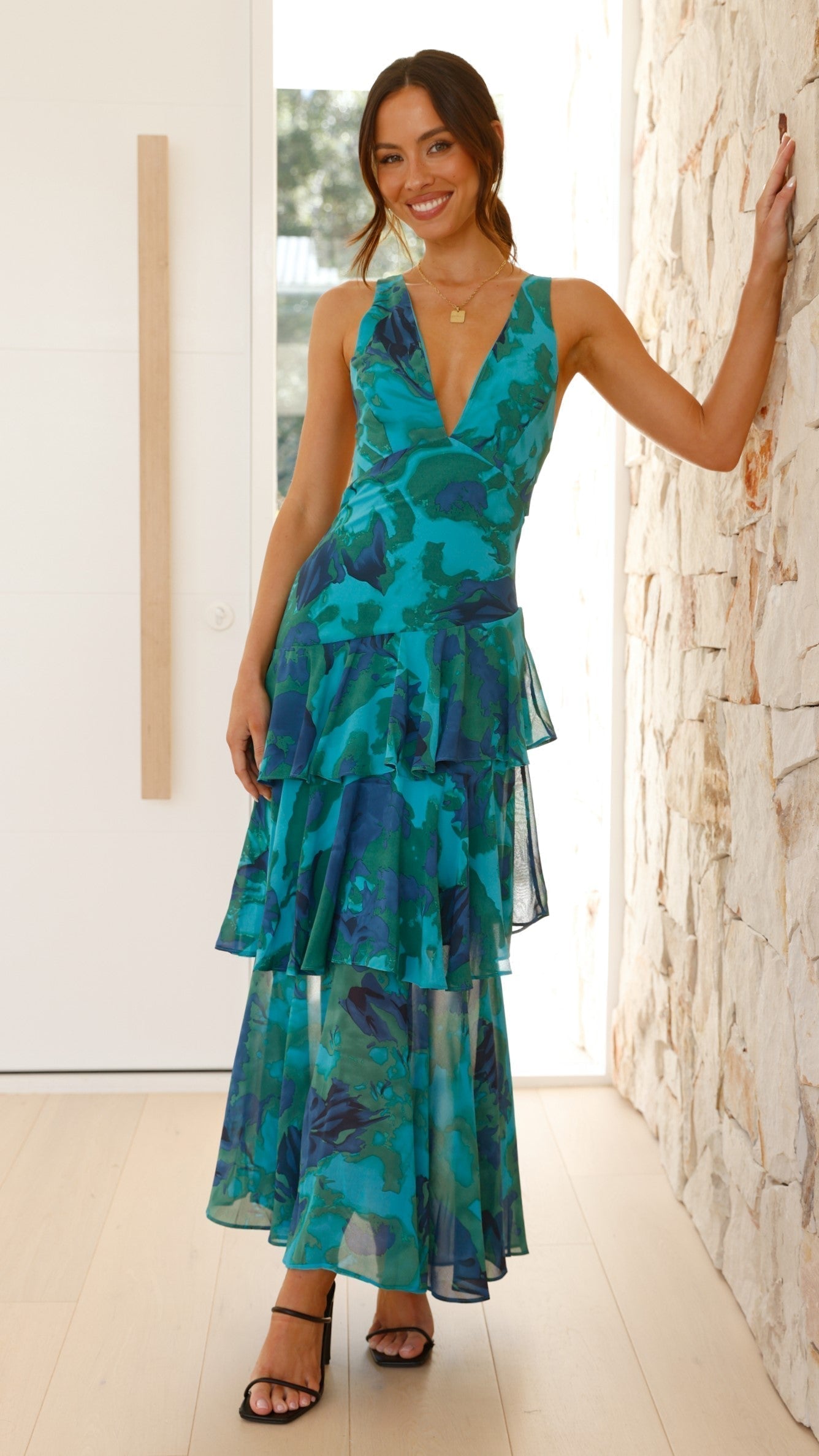 Maria | Abito lungo elegante da donna con motivo floreale e design a balze