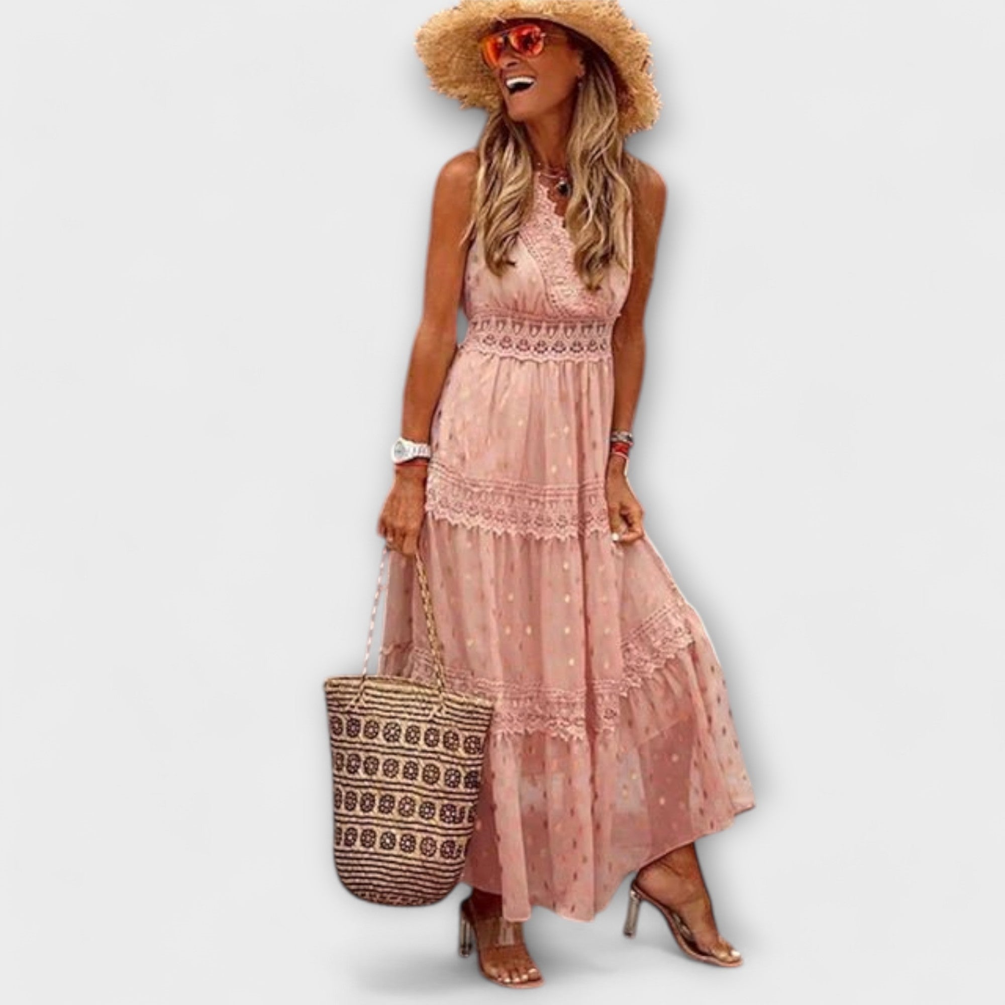 Abito lungo donna in pizzo, scollo a V — vista 4