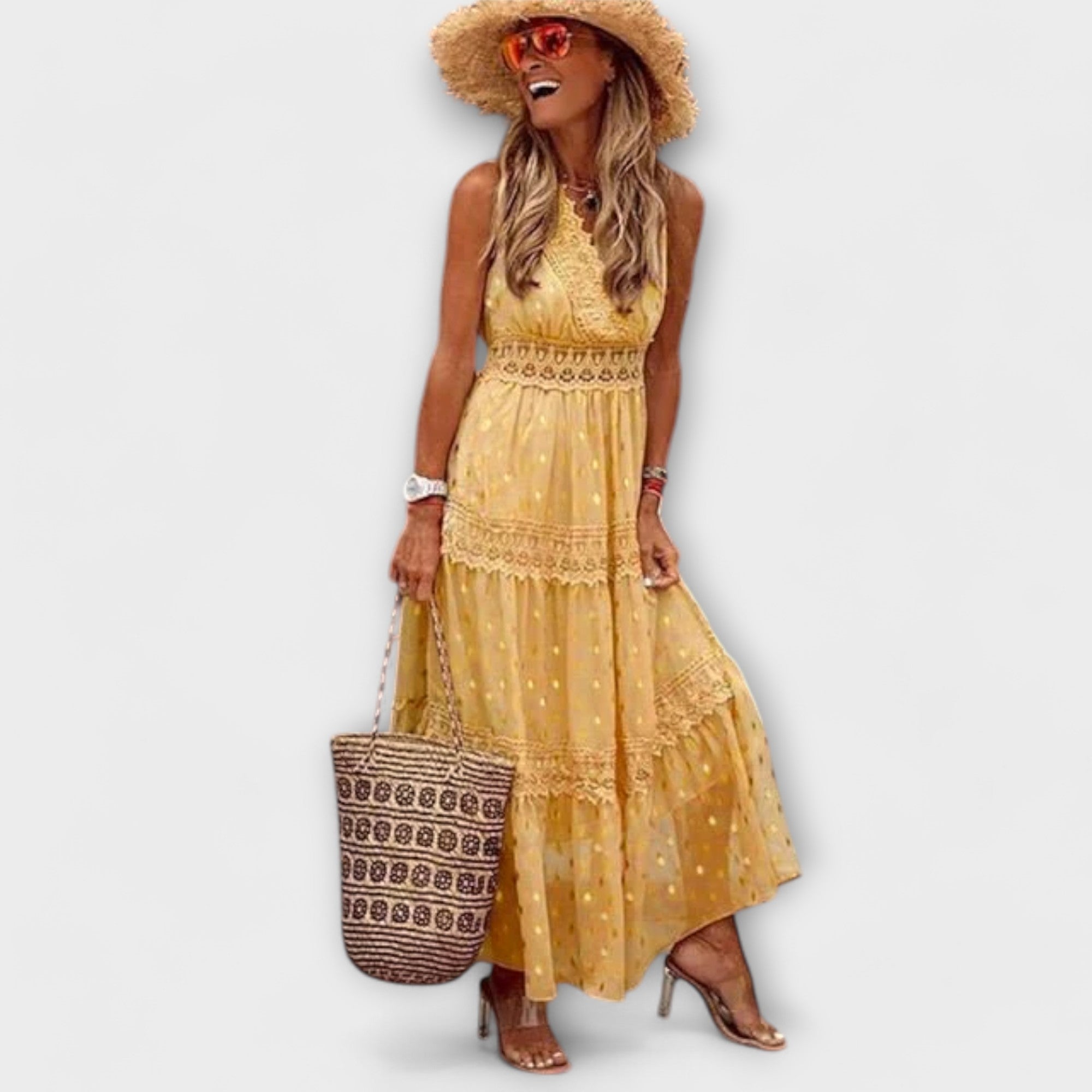 Abito lungo donna in pizzo, scollo a V — vista 5