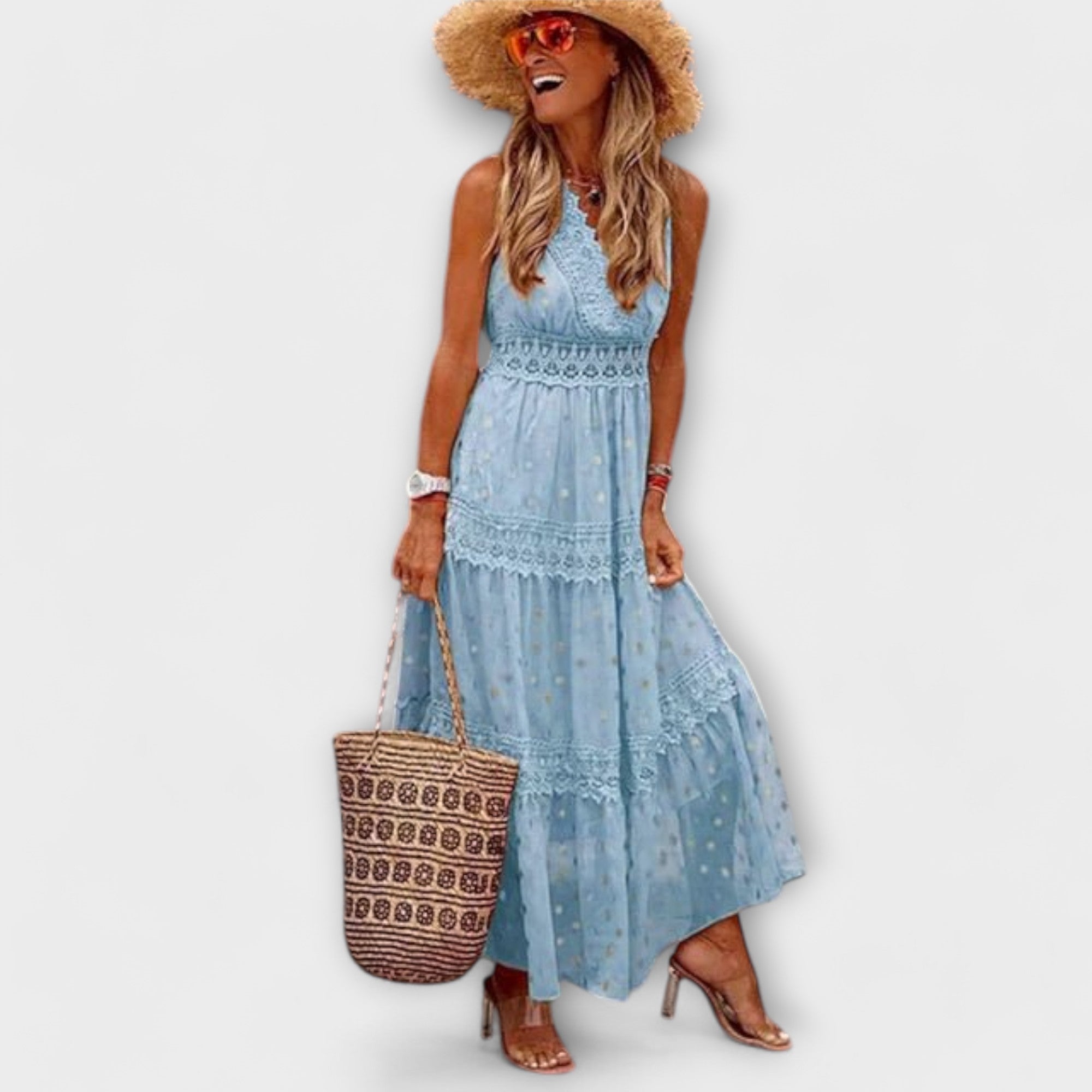 Abito lungo donna in pizzo, scollo a V