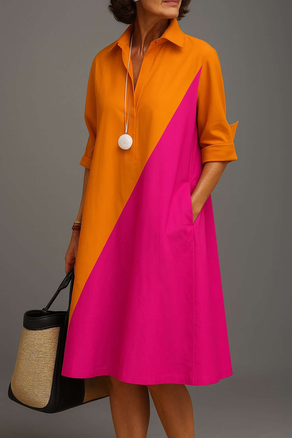 Mia | Vestito midi da donna in cotone con collo e blocchi di colore diagonali
