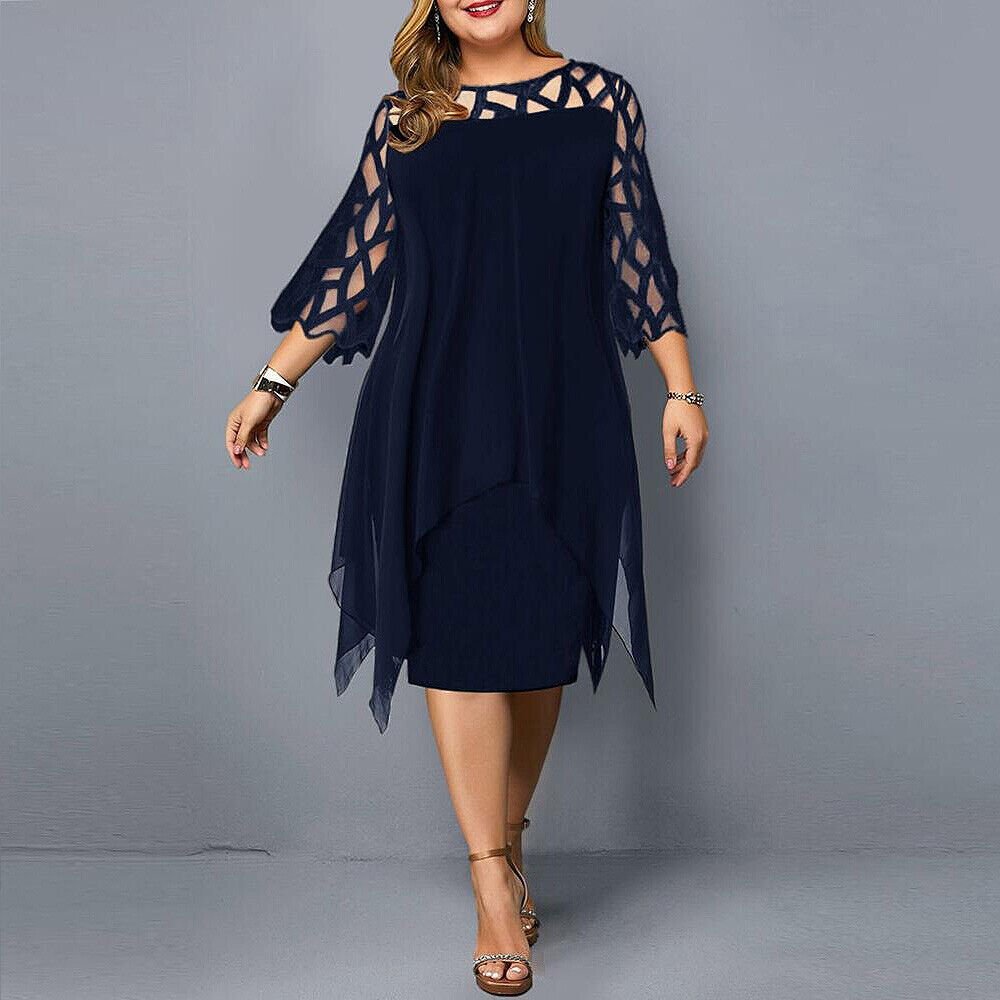 Mia | Vestito Midi Asimmetrico con Sovrapposizione in Pizzo per Donna Taglie Forti