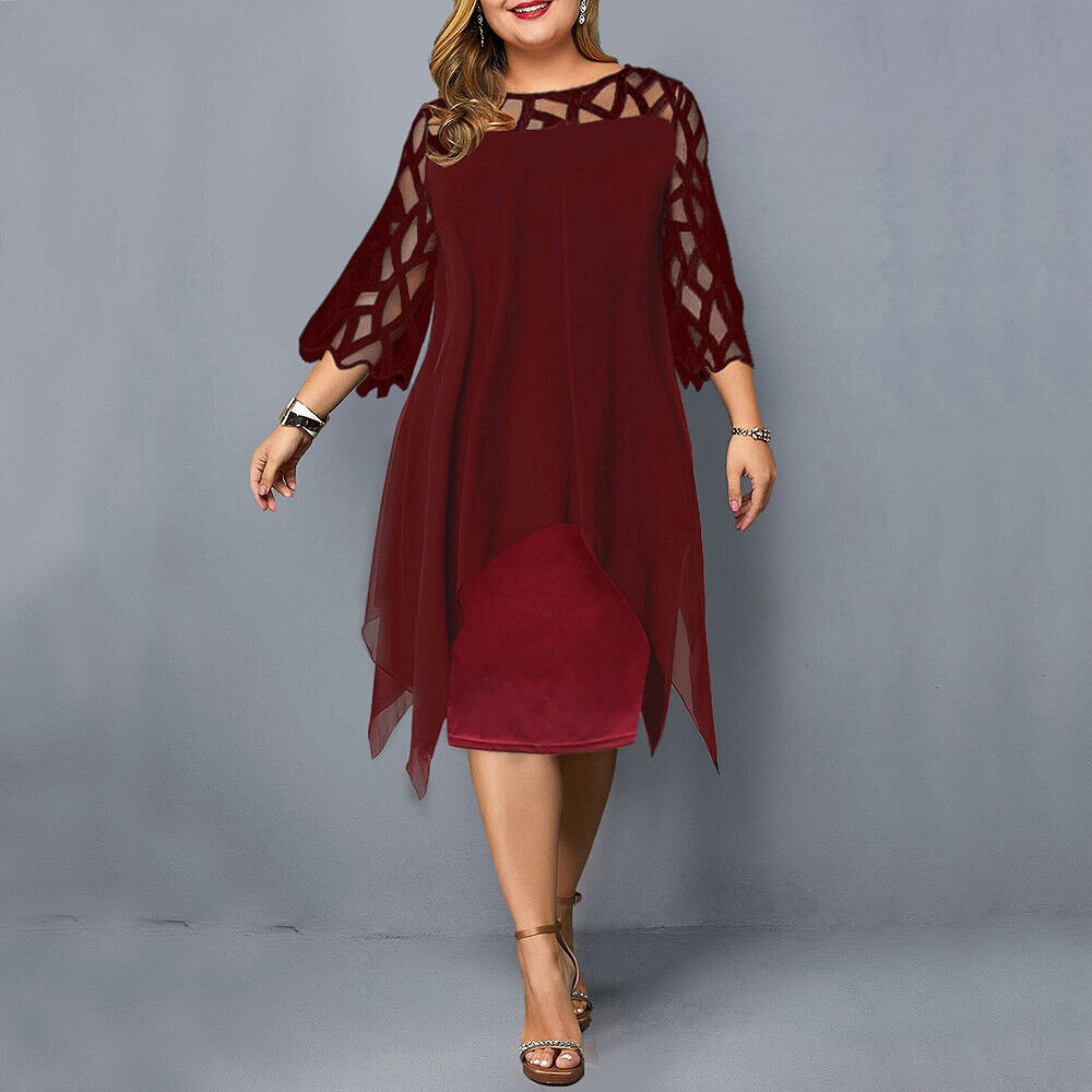 Mia | Vestito Midi Asimmetrico con Sovrapposizione in Pizzo per Donna Taglie Forti