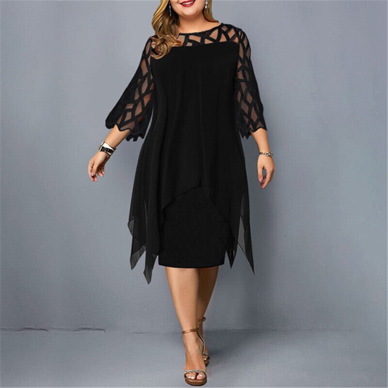 Mia | Vestito Midi Asimmetrico con Sovrapposizione in Pizzo per Donna Taglie Forti