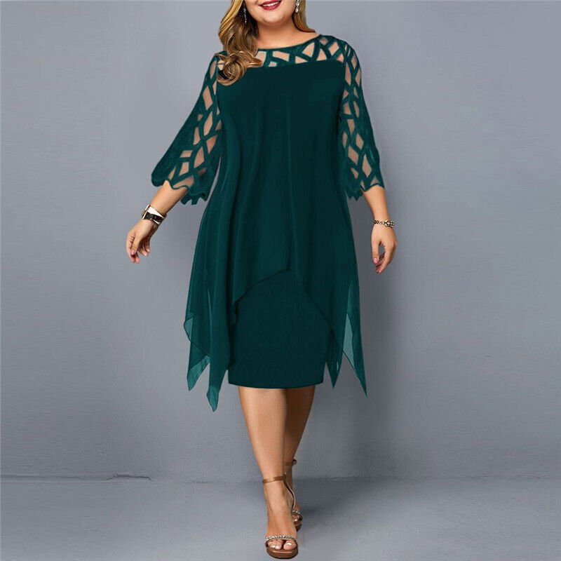 Mia | Vestito Midi Asimmetrico con Sovrapposizione in Pizzo per Donna Taglie Forti