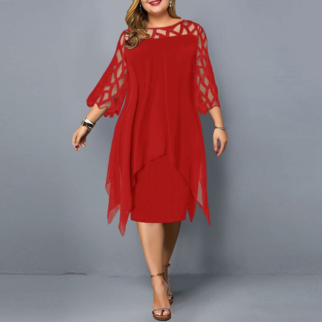 Mia | Vestito Midi Asimmetrico con Sovrapposizione in Pizzo per Donna Taglie Forti