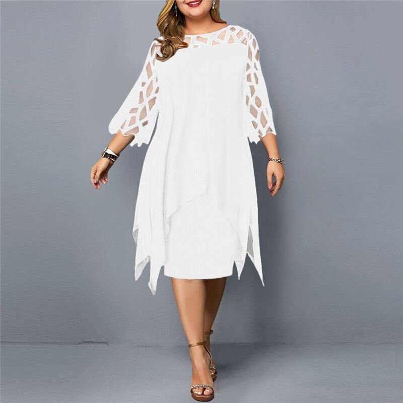 Mia | Vestito Midi Asimmetrico con Sovrapposizione in Pizzo per Donna Taglie Forti