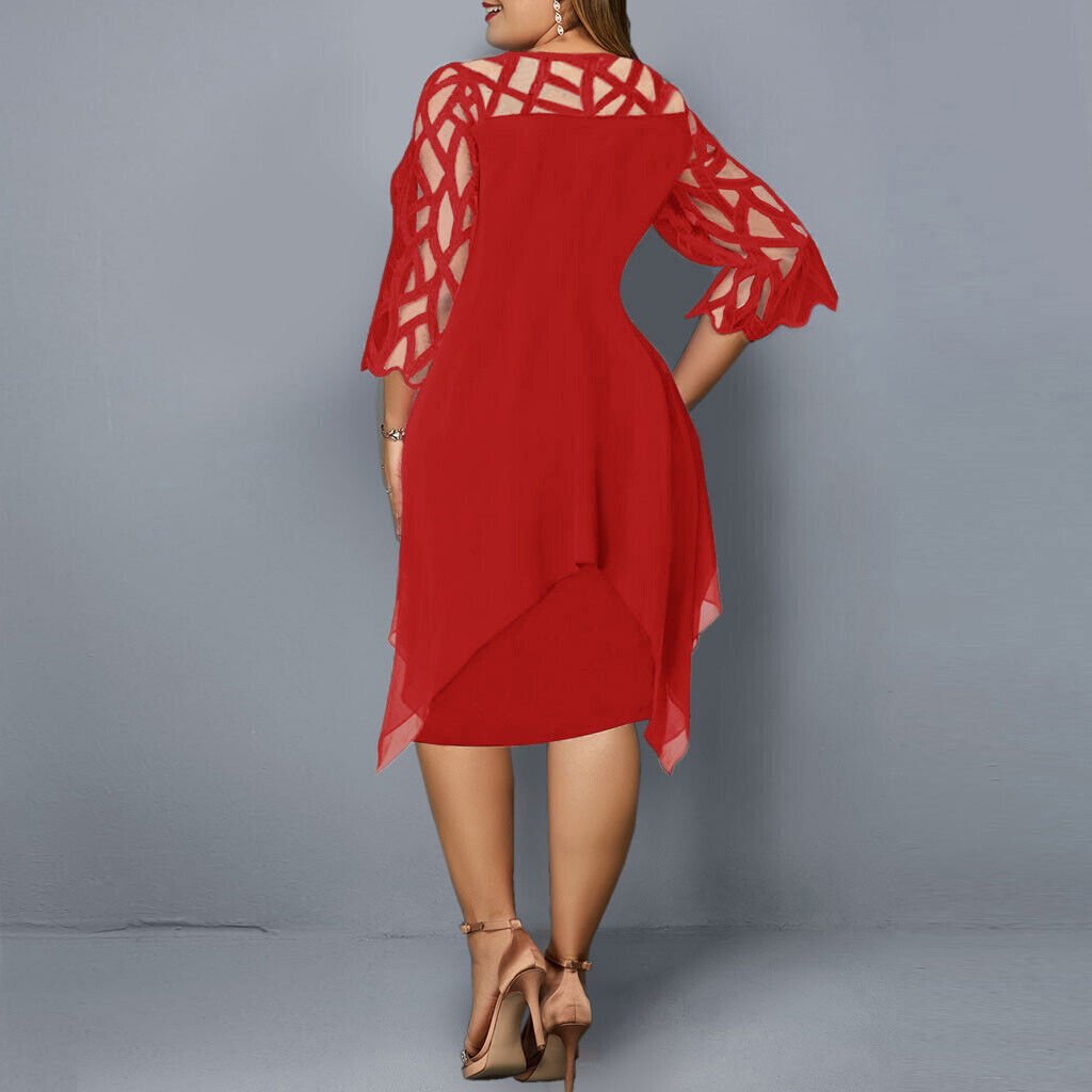 Mia | Vestito Midi Asimmetrico con Sovrapposizione in Pizzo per Donna Taglie Forti