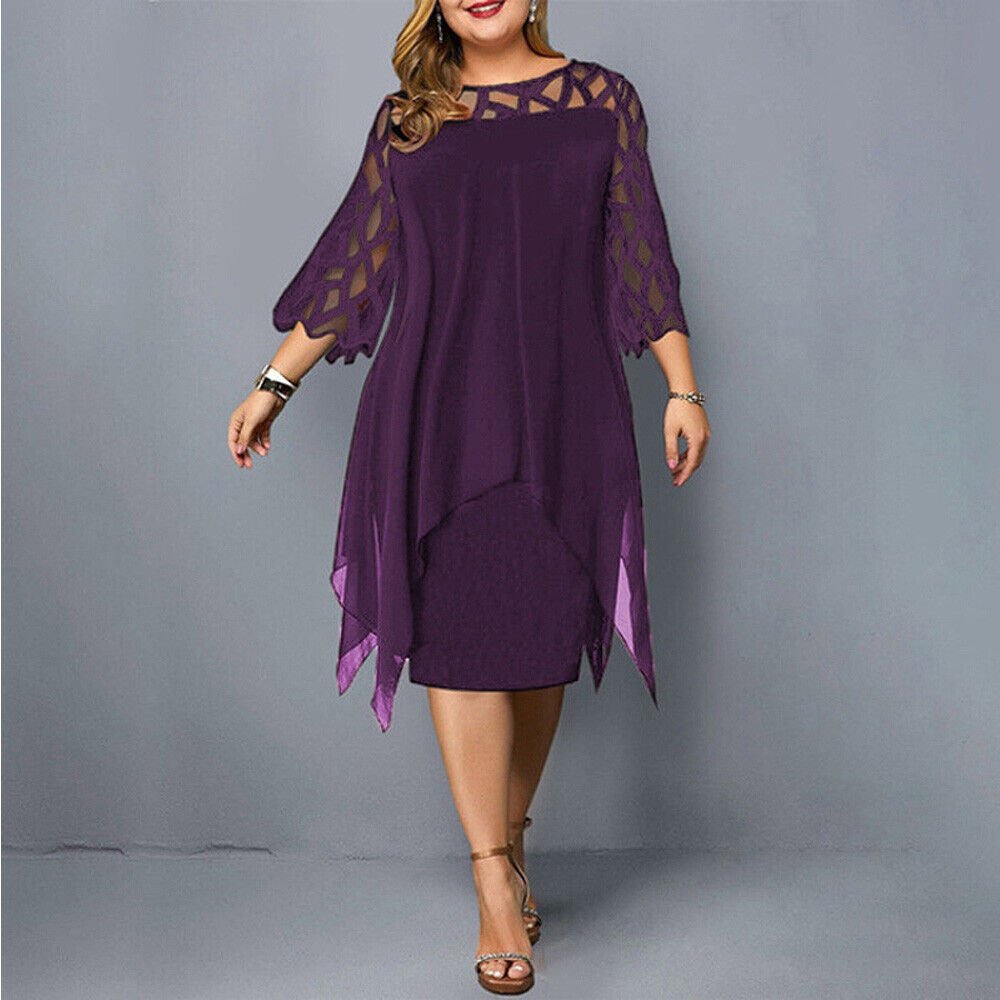 Mia | Vestito Midi Asimmetrico con Sovrapposizione in Pizzo per Donna Taglie Forti