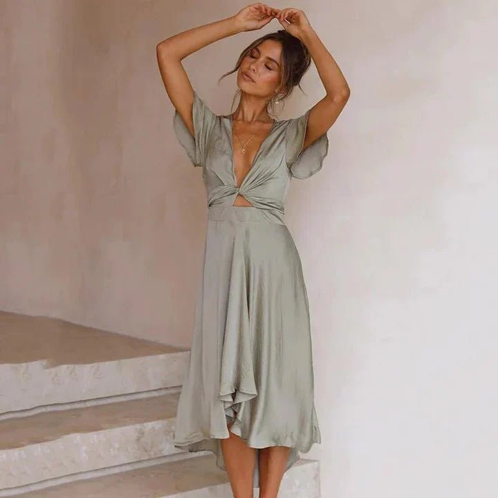 Mia | Vestito midi da donna in raso con scollo a V e maniche a volant