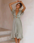 Mia | Vestito midi da donna in raso con scollo a V e maniche a volant