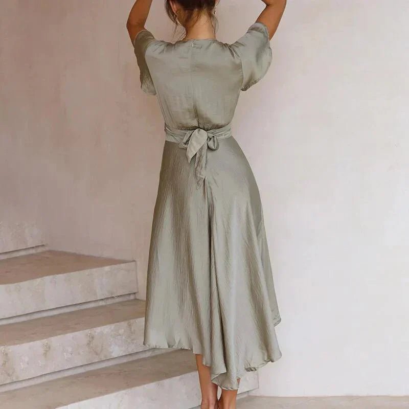 Mia | Vestito midi da donna in raso con scollo a V e maniche a volant