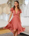 Mia | Vestito midi da donna in raso con scollo a V e maniche a volant