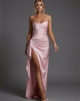 Mia | Abito lungo da donna in satin con spalline e arricciature