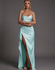 Mia | Abito lungo da donna in satin con spalline e arricciature