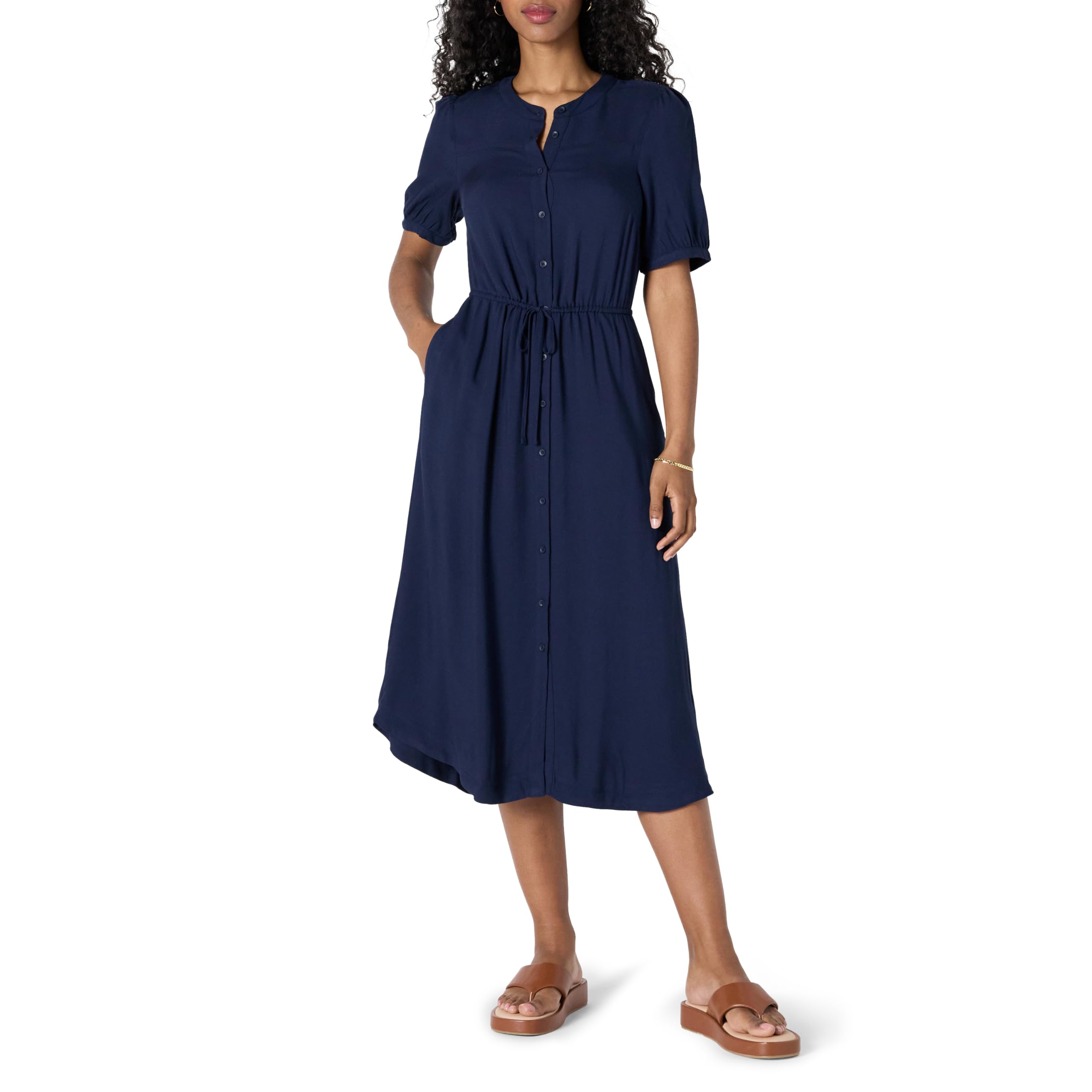 Vestito Donna Krishna – Taglio A-Line Sagomato, Maniche Corte e Gonna Midi Svasata con Tasche
