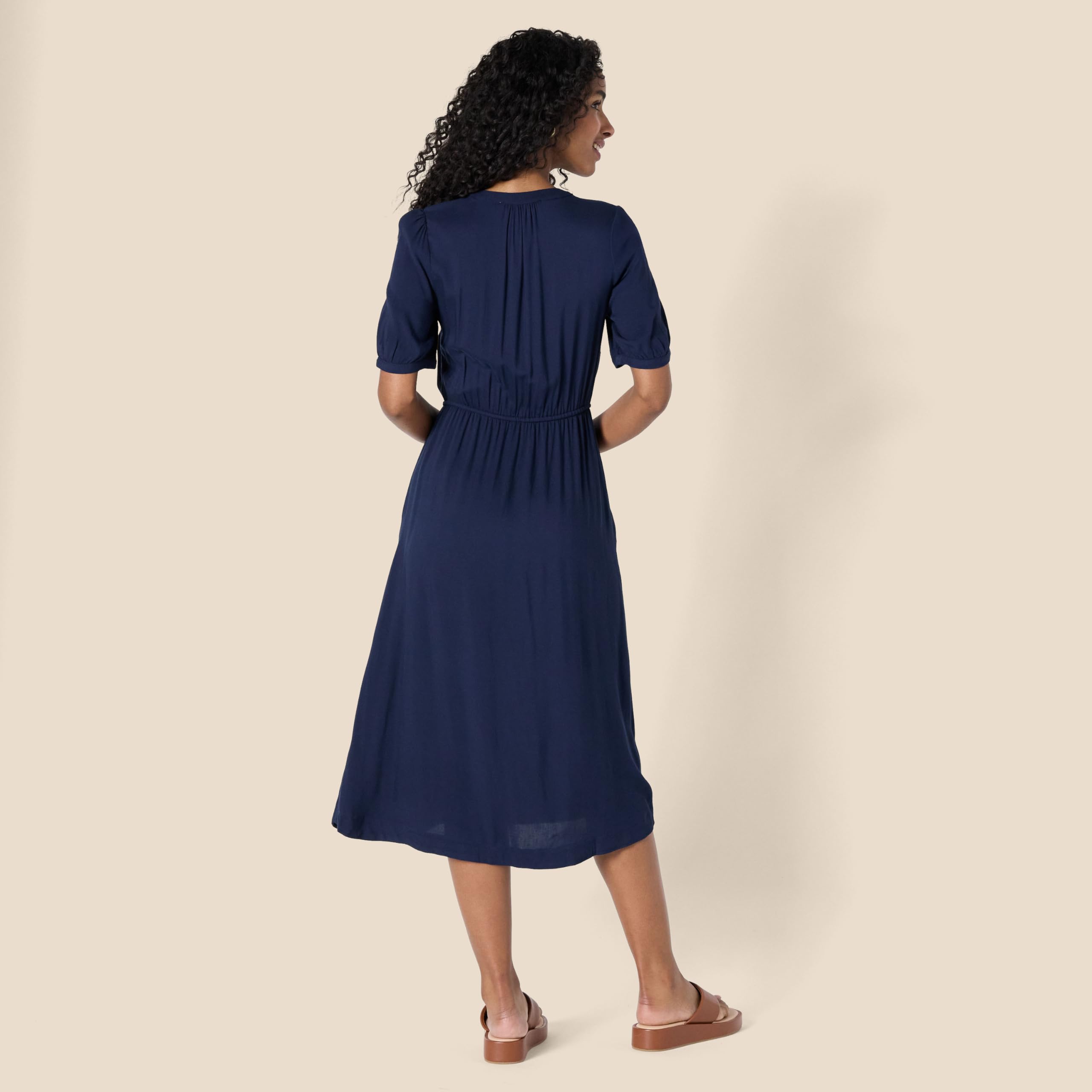 Vestito Donna Krishna – Taglio A-Line Sagomato, Maniche Corte e Gonna Midi Svasata con Tasche