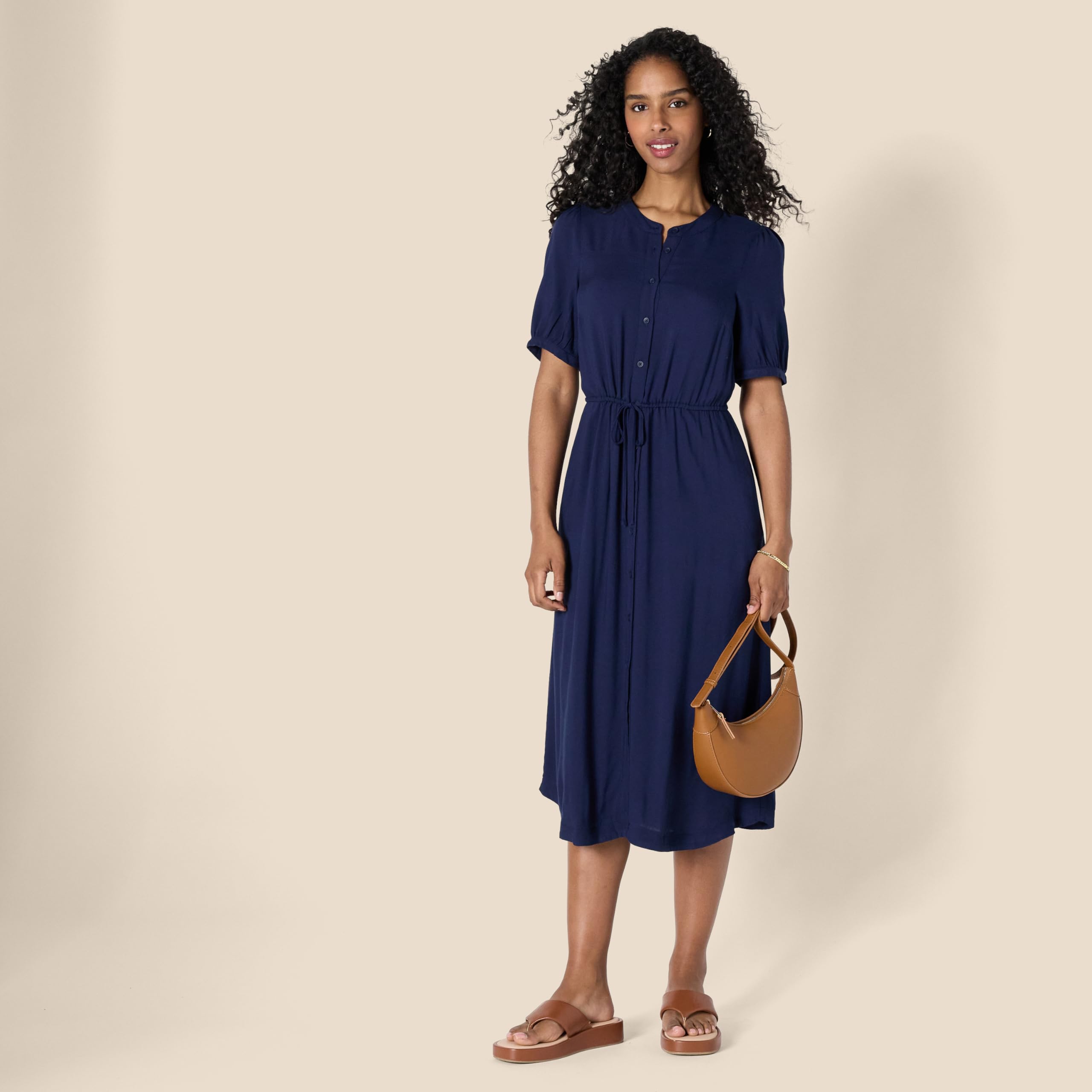 Vestito Donna Krishna – Taglio A-Line Sagomato, Maniche Corte e Gonna Midi Svasata con Tasche