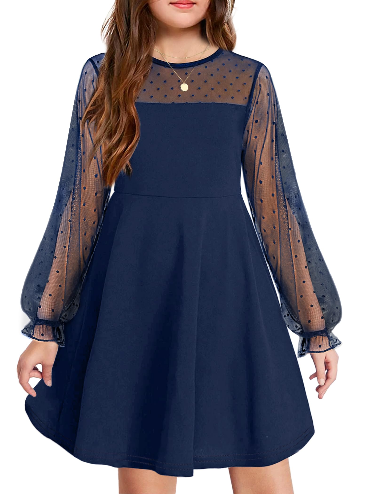Vestito Aishi per Ragazza – Maniche Lunghe in Mesh, Taglio A-Line e Vita Alta con Tasche