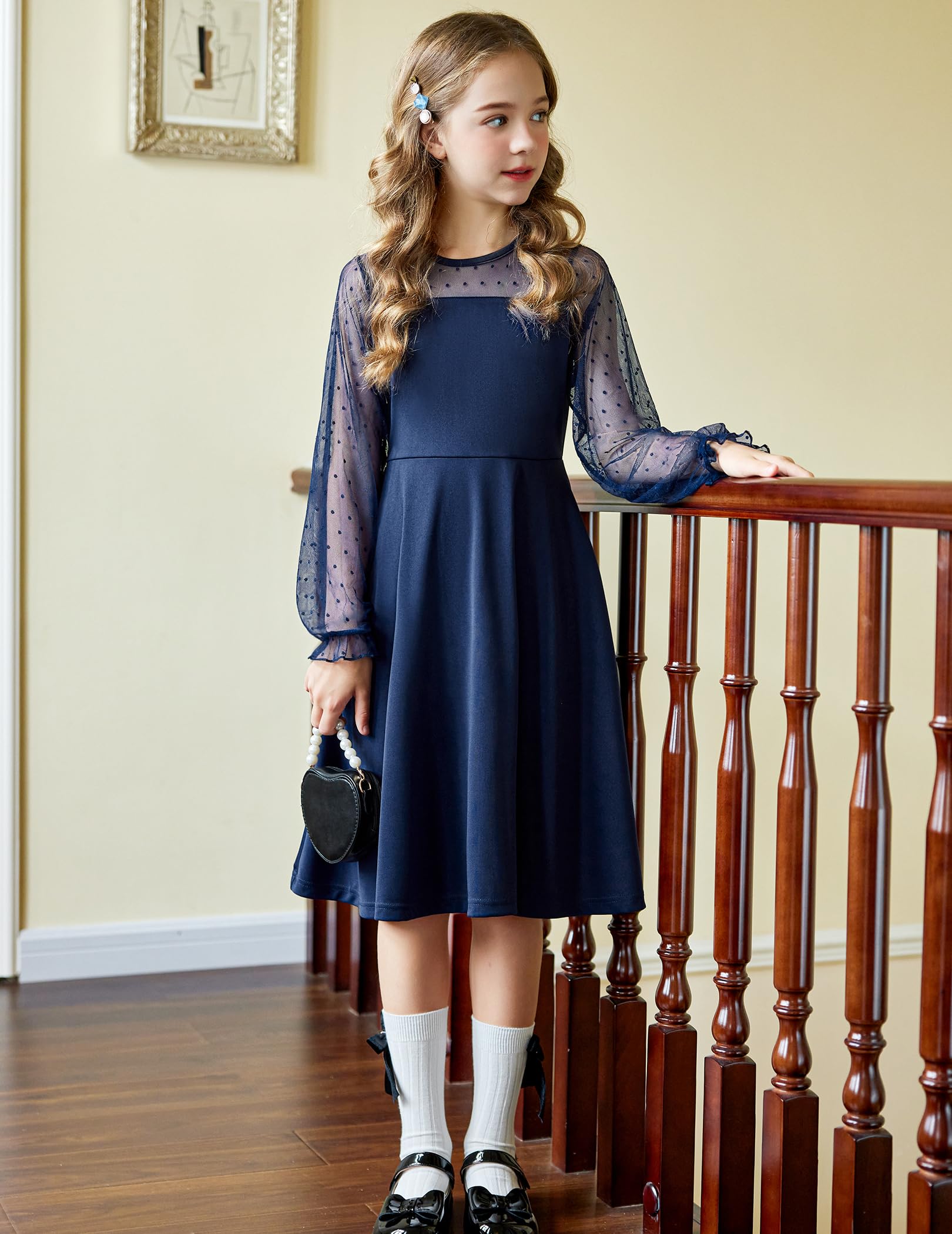 Vestito Aishi per Ragazza – Maniche Lunghe in Mesh, Taglio A-Line e Vita Alta con Tasche