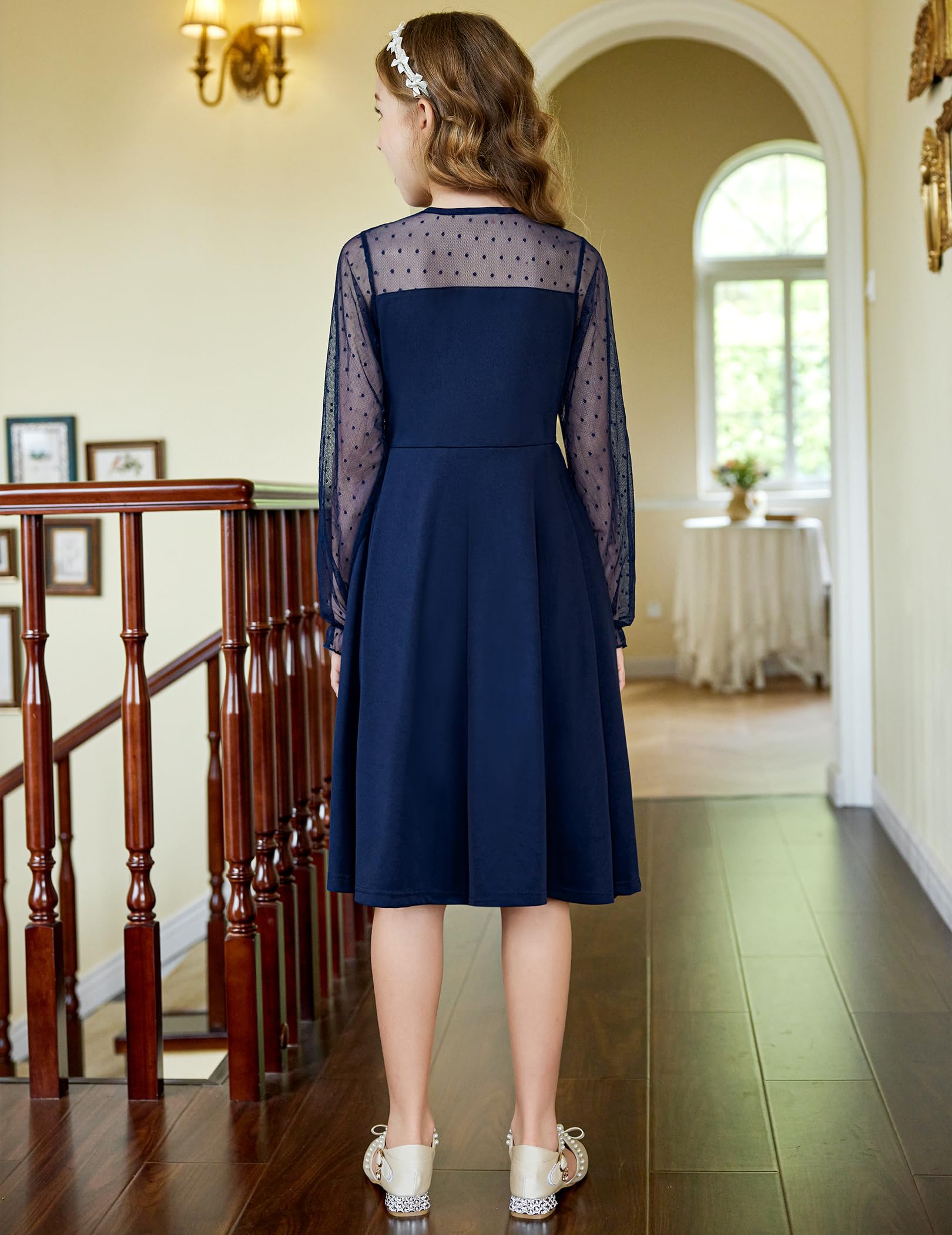 Vestito Aishi per Ragazza – Maniche Lunghe in Mesh, Taglio A-Line e Vita Alta con Tasche