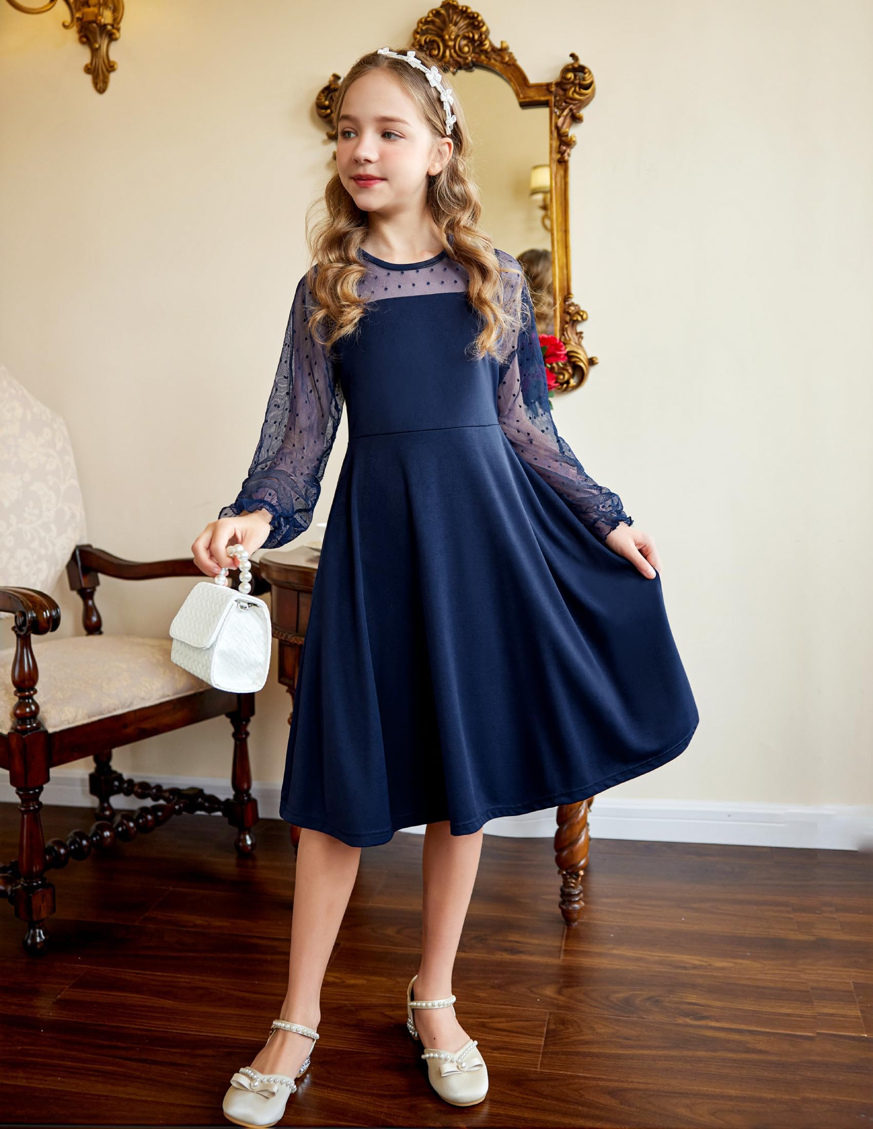 Vestito Aishi per Ragazza – Maniche Lunghe in Mesh, Taglio A-Line e Vita Alta con Tasche