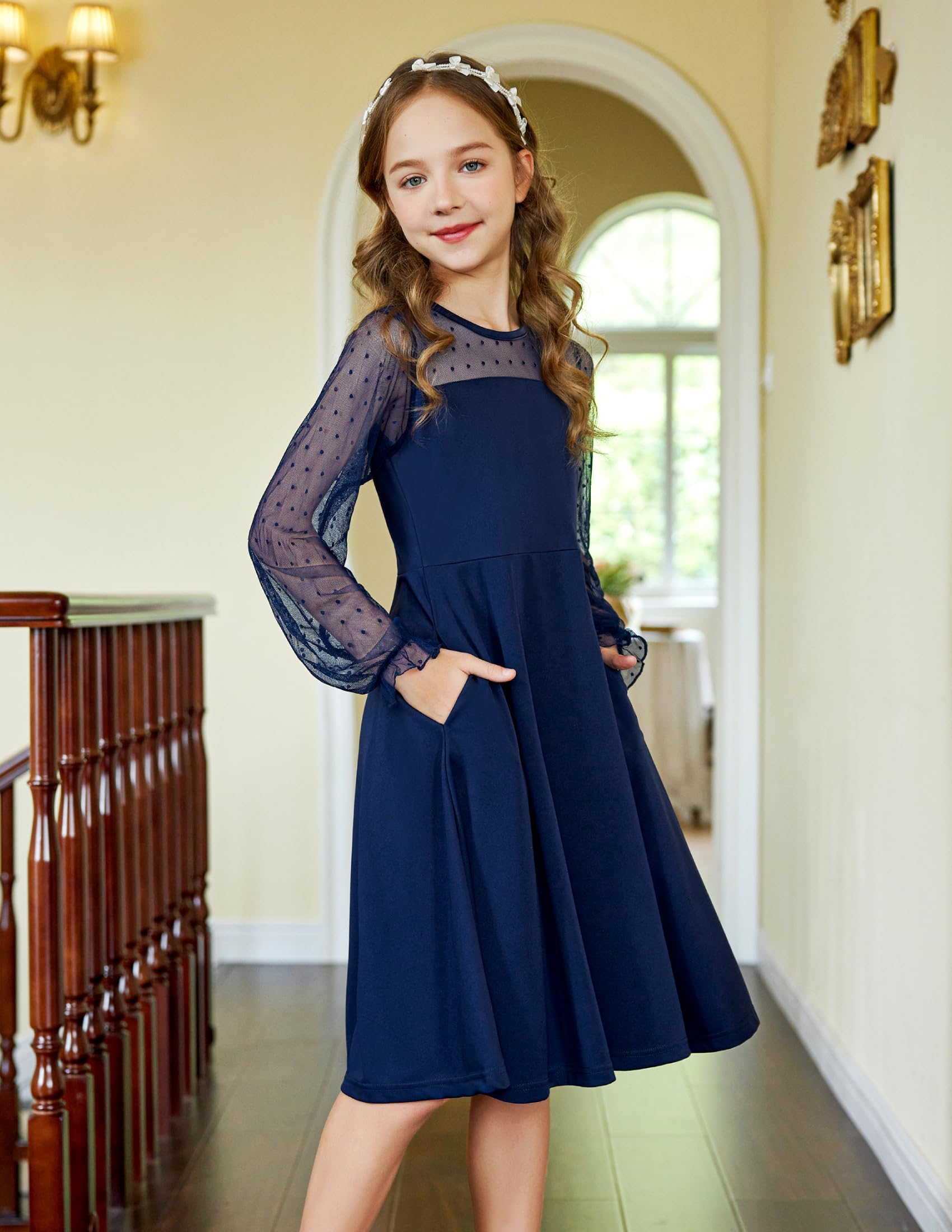Vestito Aishi per Ragazza – Maniche Lunghe in Mesh, Taglio A-Line e Vita Alta con Tasche