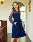Vestito Aishi per Ragazza – Maniche Lunghe in Mesh, Taglio A-Line e Vita Alta con Tasche