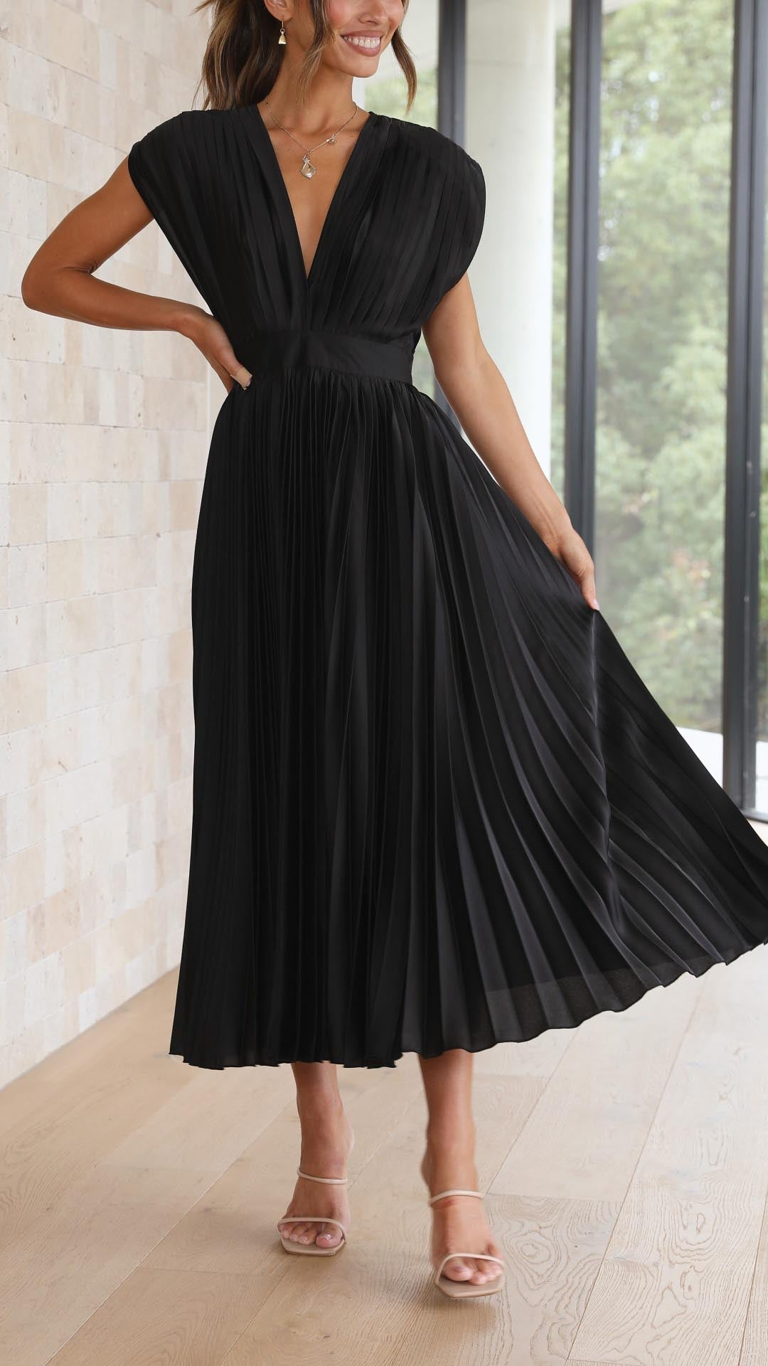 Nicole | Abito midi plissettato con scollo a V da donna per invitate a matrimoni