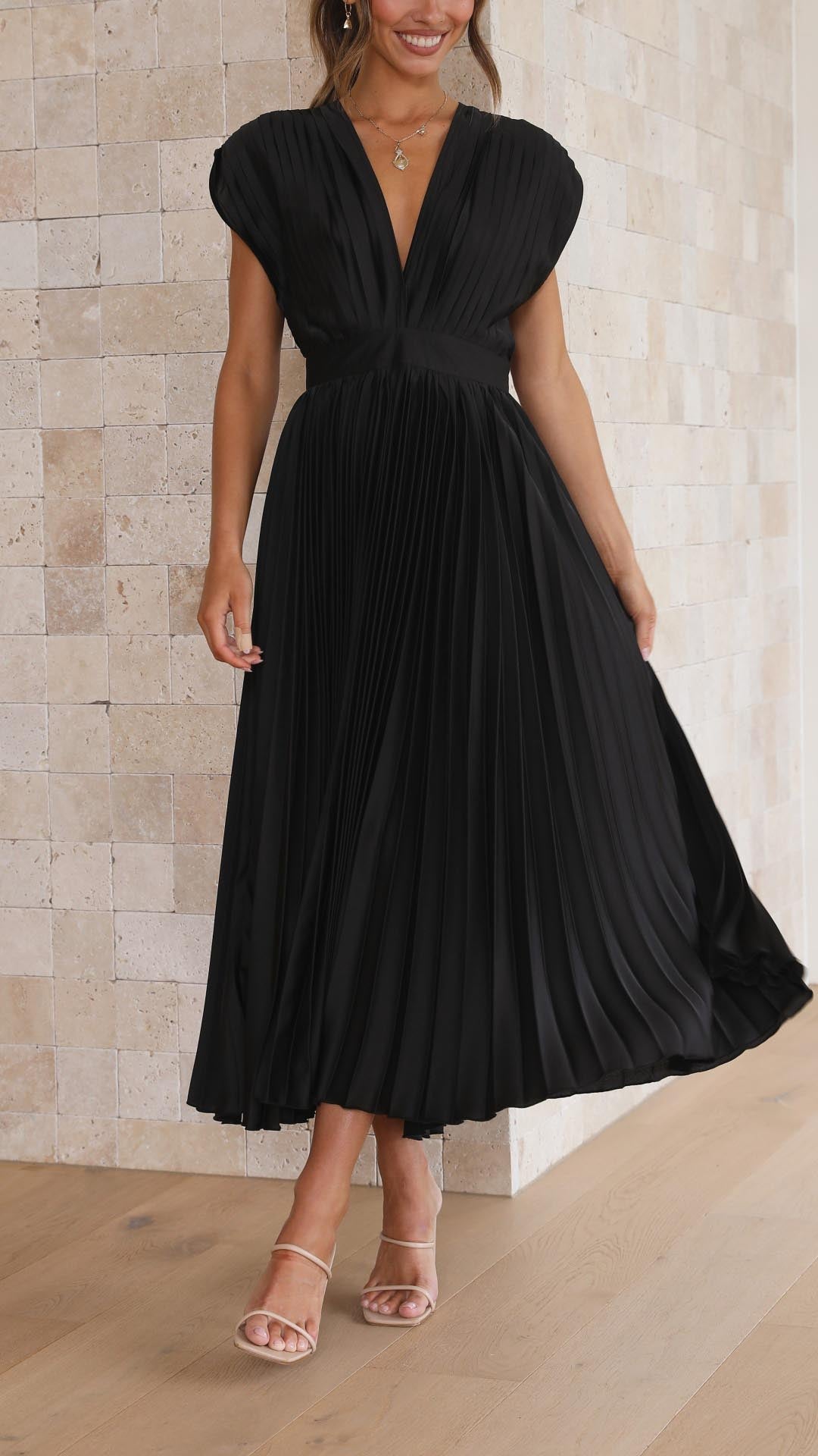 Nicole | Abito midi plissettato con scollo a V da donna per invitate a matrimoni