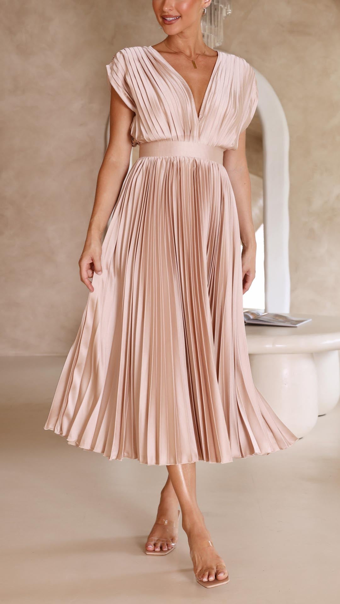 Nicole | Abito midi plissettato con scollo a V da donna per invitate a matrimoni