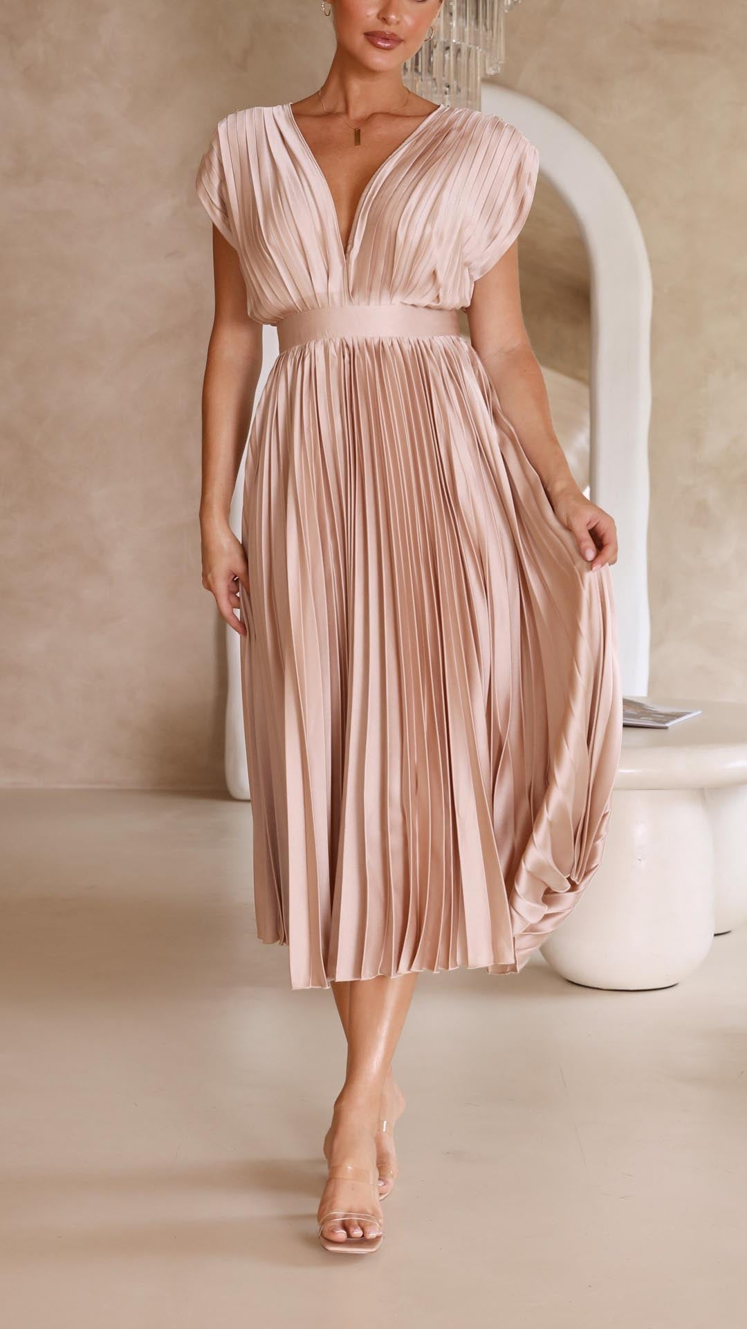 Nicole | Abito midi plissettato con scollo a V da donna per invitate a matrimoni
