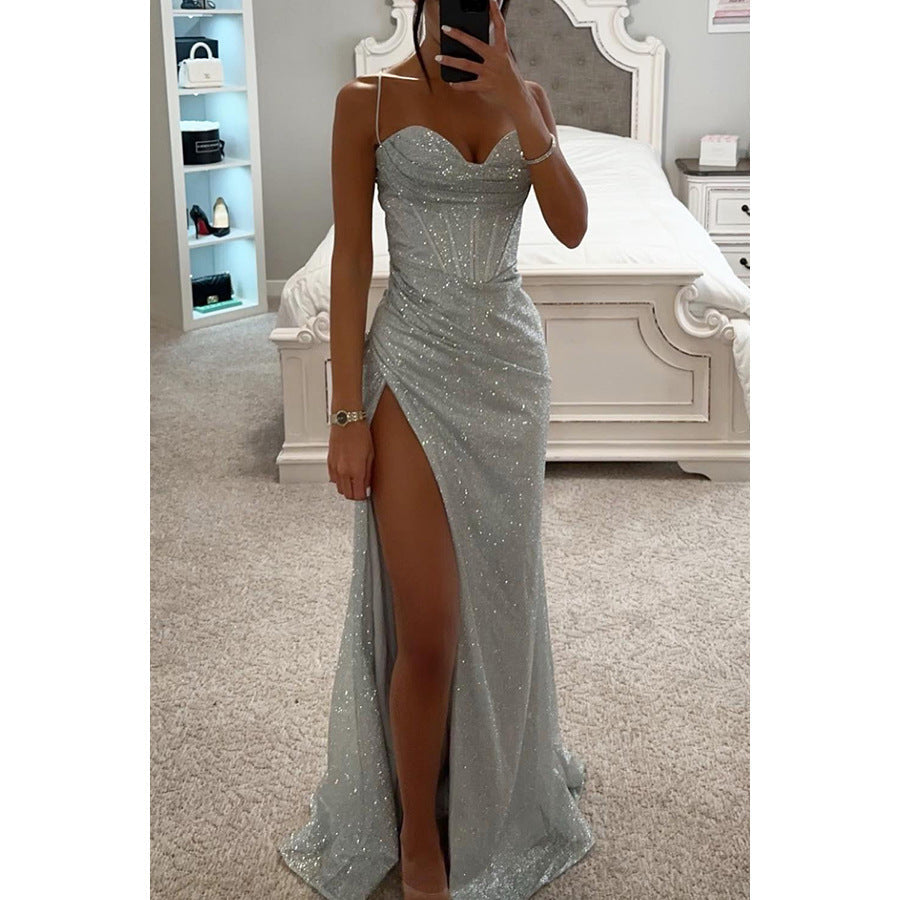 Abito lungo donna in tessuto scintillante, bustier — vista 5
