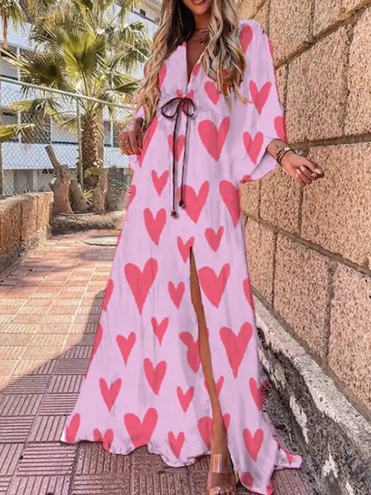 Olivia | Abito lungo da donna con scollo a V profondo e stampa astratta, cintura annodata in vita