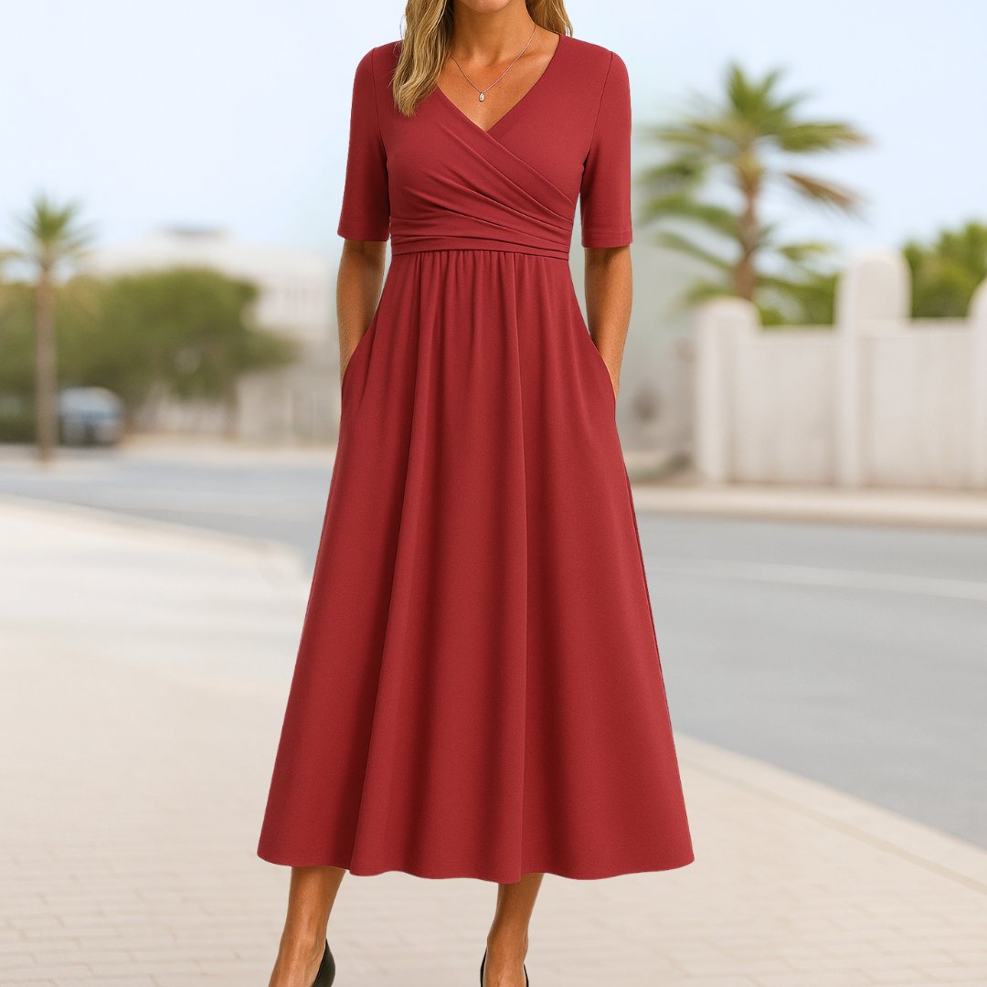 Olivia | Vestito midi da donna con scollo a V, incrocio frontale e maniche corte