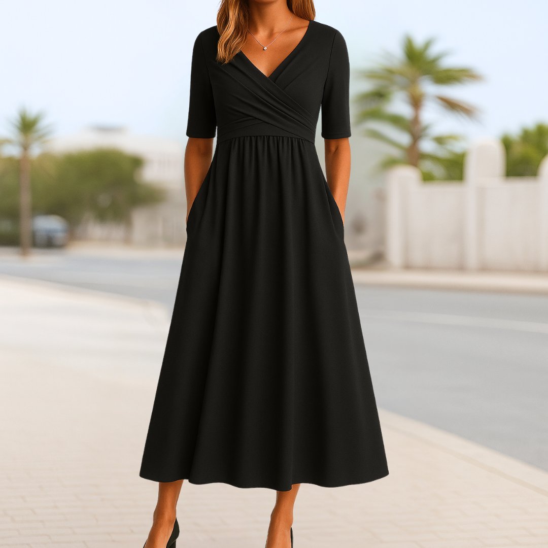 Olivia | Vestito midi da donna con scollo a V, incrocio frontale e maniche corte