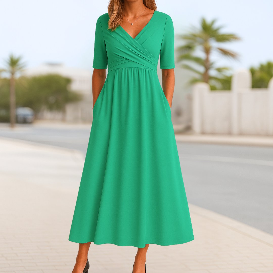 Olivia | Vestito midi da donna con scollo a V, incrocio frontale e maniche corte