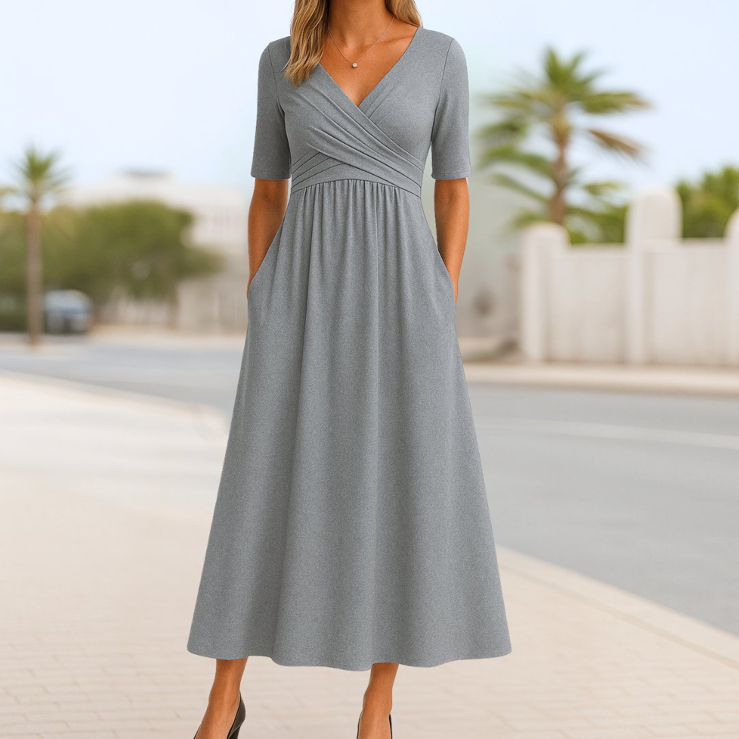 Olivia | Vestito midi da donna con scollo a V, incrocio frontale e maniche corte