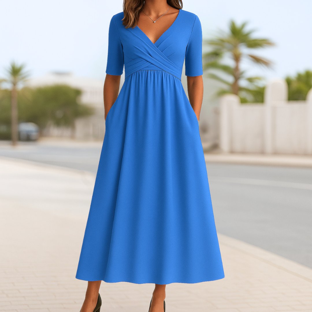 Olivia | Vestito midi da donna con scollo a V, incrocio frontale e maniche corte