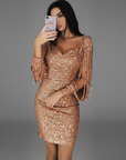 Mini abito bodycon con paillettes da donna – Scollo a V con frange