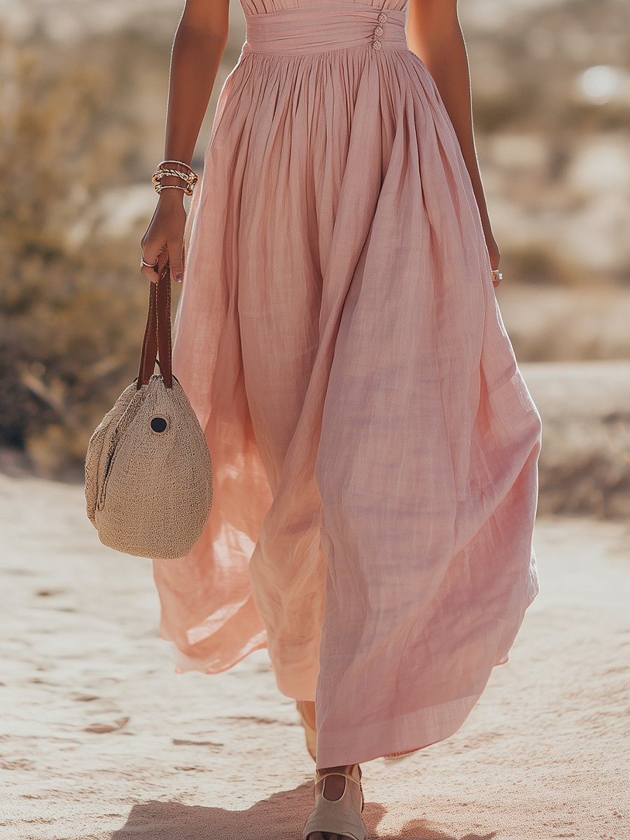 Phoebe | Abito lungo da donna boho in cotone e lino con scollo all'americana