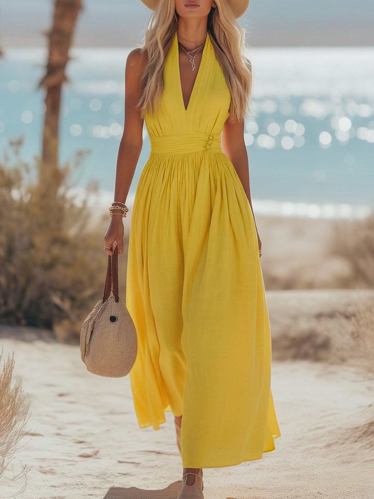 Phoebe | Abito lungo da donna boho in cotone e lino con scollo all'americana