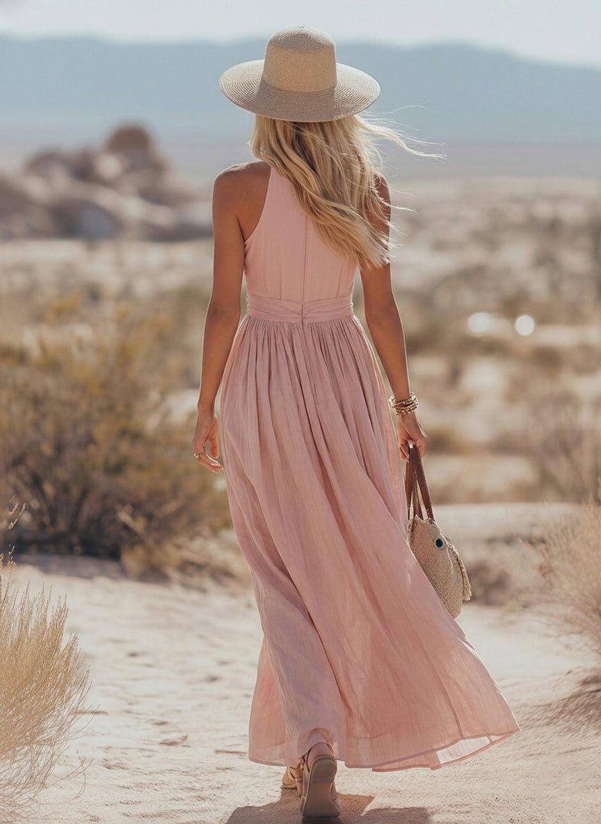 Phoebe | Abito lungo da donna boho in cotone e lino con scollo all'americana