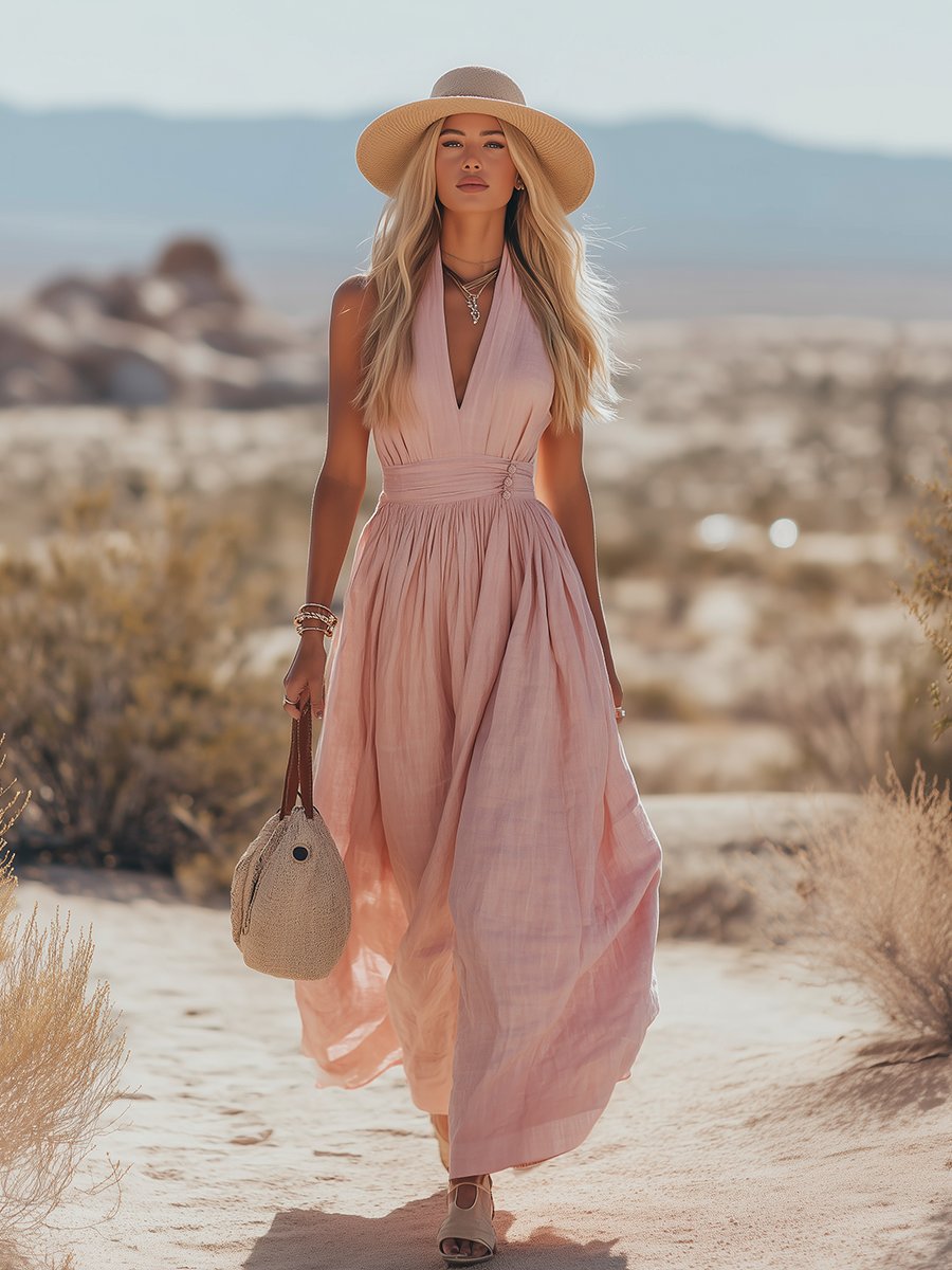 Phoebe | Abito lungo da donna boho in cotone e lino con scollo all'americana