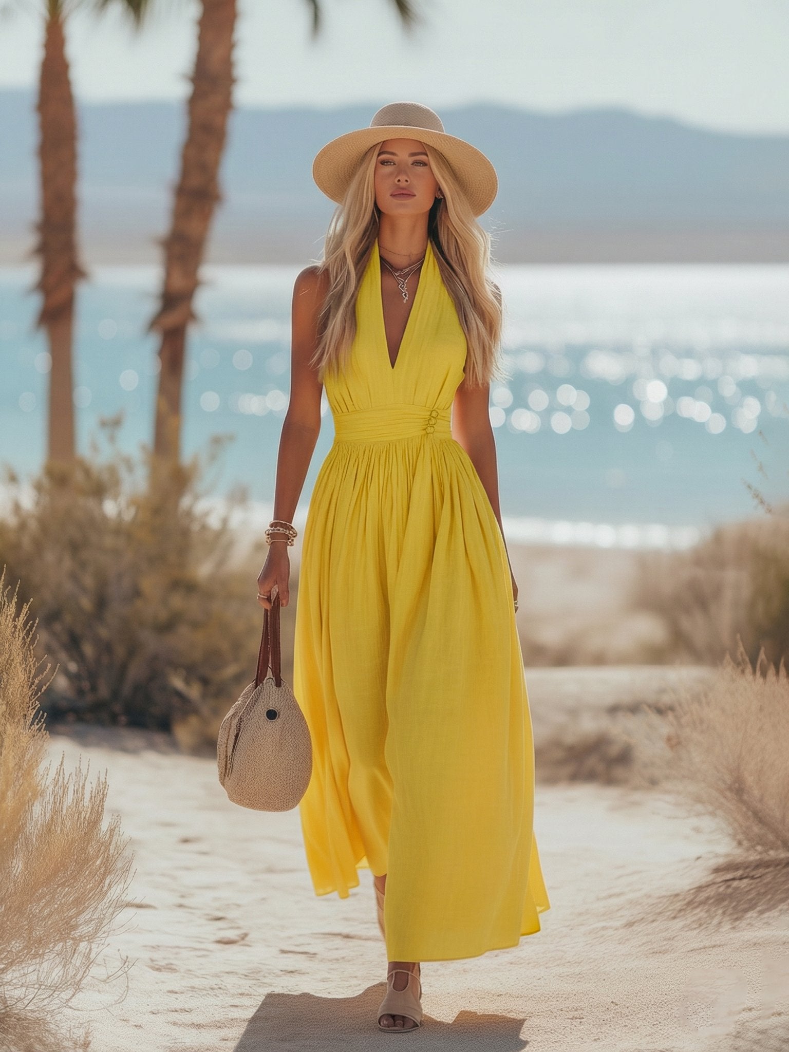 Phoebe | Abito lungo da donna boho in cotone e lino con scollo all'americana