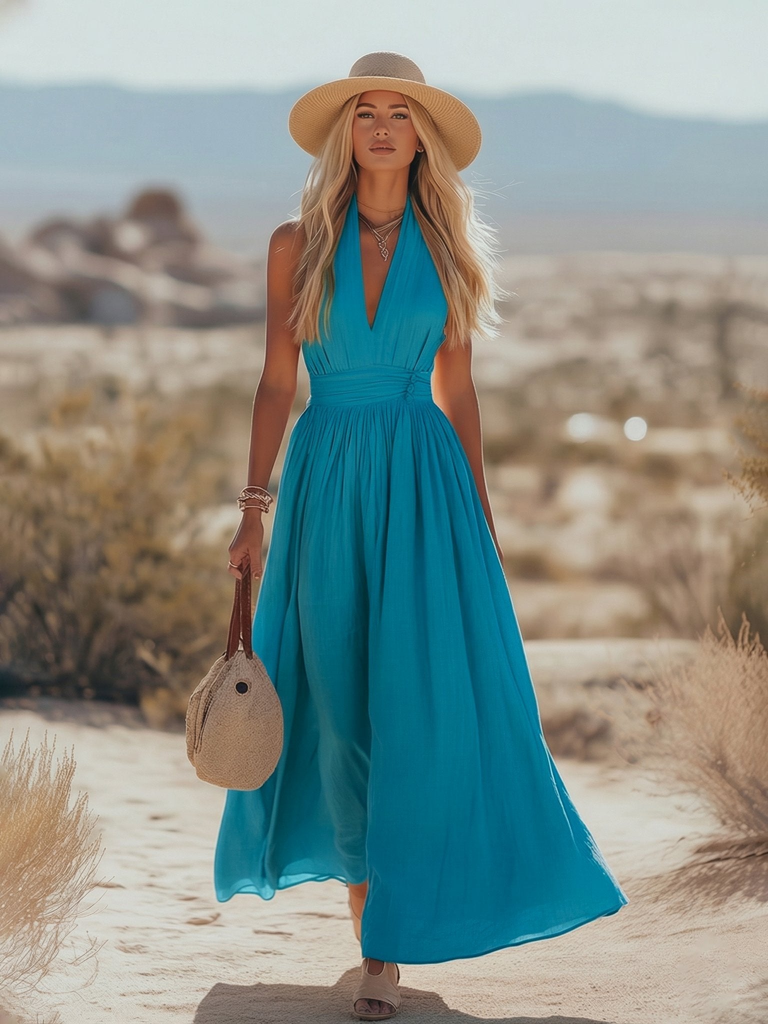 Phoebe | Abito lungo da donna boho in cotone e lino con scollo all'americana