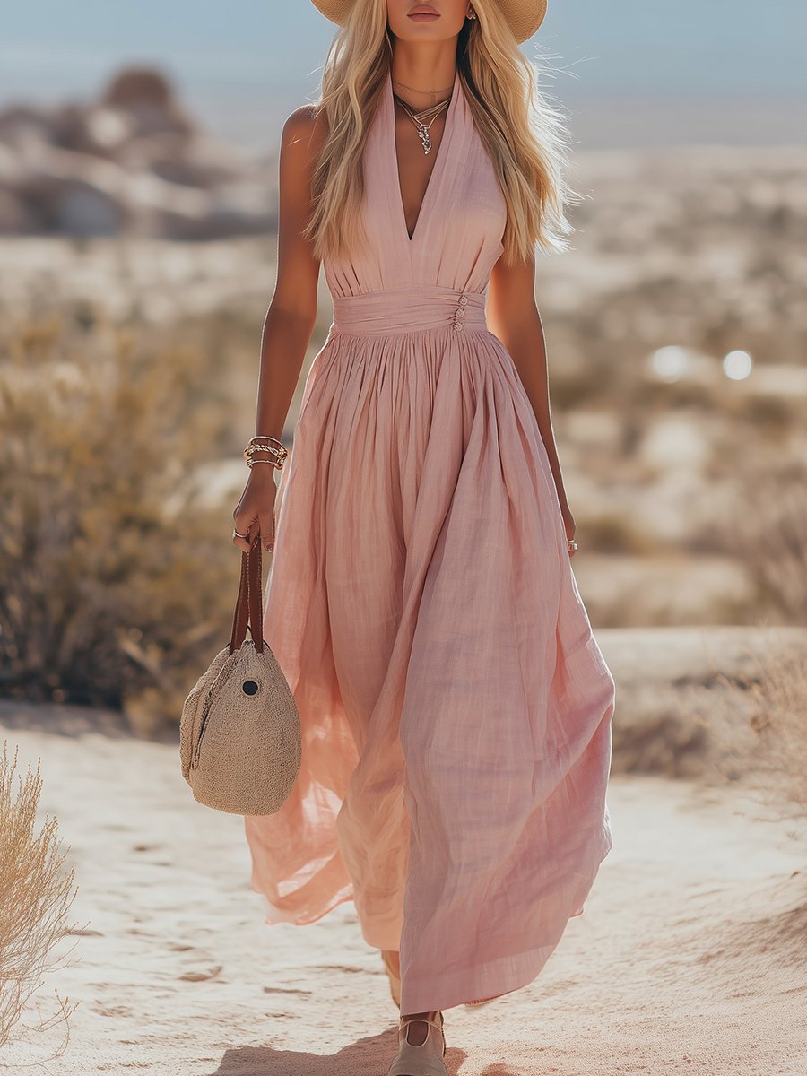 Phoebe | Abito lungo da donna boho in cotone e lino con scollo all'americana