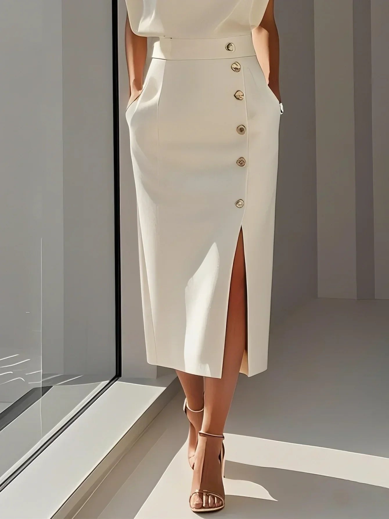 Phoebe | Vestito midi senza maniche da donna con bottoni